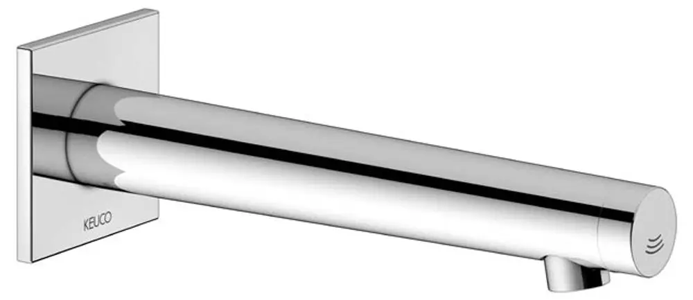 Chromierter Wandmischer von Keuco mit rundem Auslauf, elegantes Design, montiert auf quadratischer Wandplatte.